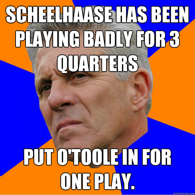 Scheelhaase has been playing badly for 3 quarters Put O'Toole in for 
one play.  Uninformed Zook