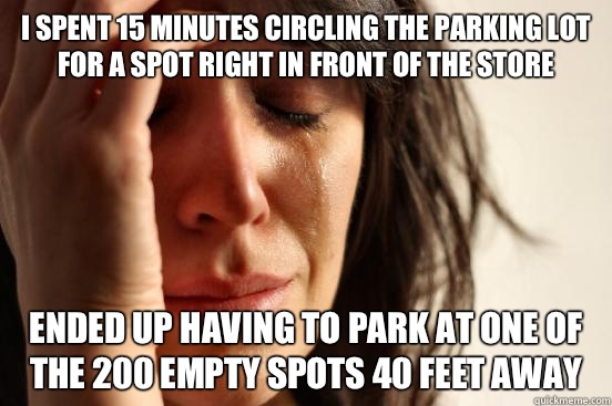 I spent 15 minutes circling the parking lot for a spot right in front of the store   Ended up having to park at one of the 200 empty spots 40 feet away  First World Problems