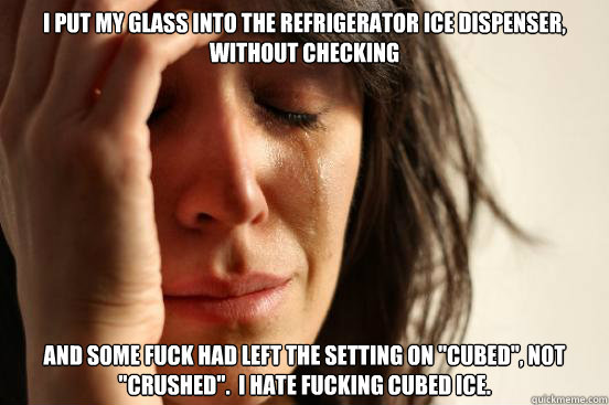 I put my glass into the refrigerator ice dispenser, without checking and some fuck had left the setting on 