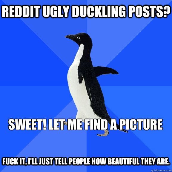 Reddit ugly duckling posts? Sweet! let me find a picture  Fuck it, i'll just tell people how beautiful they are.  Socially Awkward Penguin