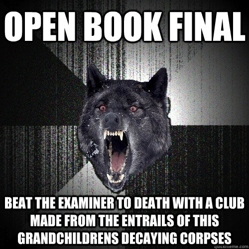 Open book final beat the examiner to death with a club made from the entrails of this grandchildrens decaying corpses   Insanity Wolf