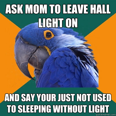 Ask mom to leave hall light on and say your just not used to sleeping without light  Paranoid Parrot