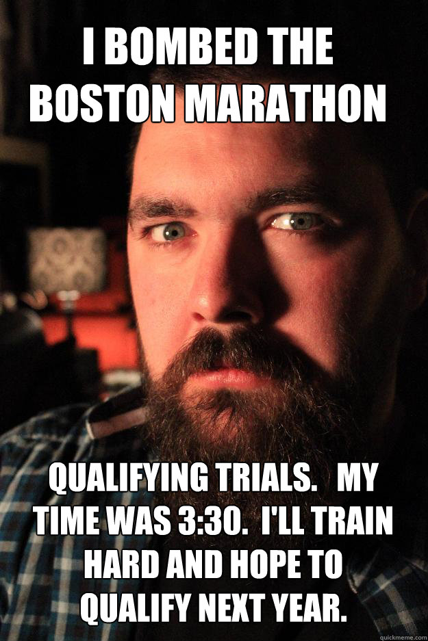 I Bombed the Boston Marathon Qualifying Trials.   My time was 3:30.  I'll train hard and hope to qualify next year.  Dating Site Murderer