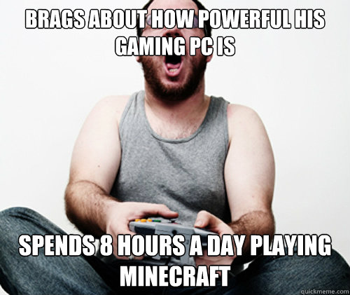 Brags about how powerful his gaming PC is Spends 8 hours a day playing Minecraft  Online Gamer Logic
