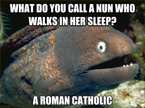 What do you call a nun who walks in her sleep? A Roman catholic  Bad Joke Eel