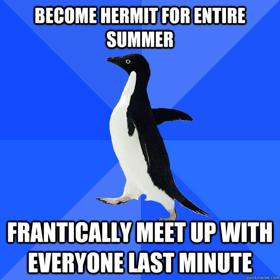 Become hermit for entire summer frantically meet up with everyone last minute  Socially Awkward Penguin