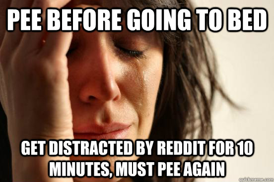 pee before going to bed get distracted by reddit for 10 minutes, must pee again  First World Problems
