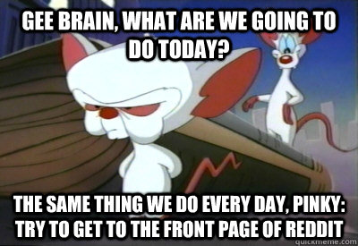 Gee Brain, what are we going to do today? The same thing we do every day, Pinky: try to get to the front page of reddit - Gee Brain, what are we going to do today? The same thing we do every day, Pinky: try to get to the front page of reddit  PinkyBrain