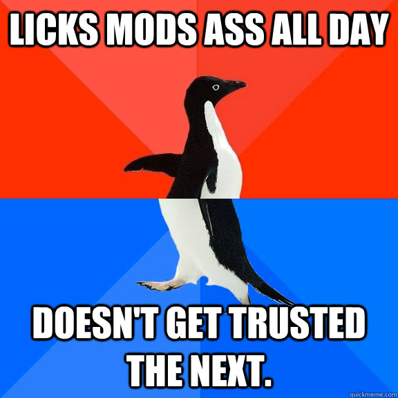 Licks mods ass all day doesn't get trusted the next. - Licks mods ass all day doesn't get trusted the next.  Socially Awesome Awkward Penguin