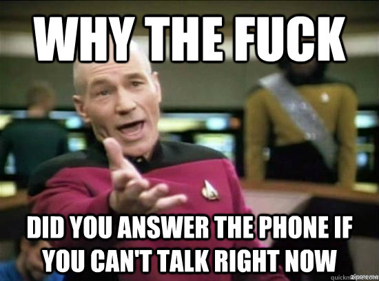 Why the fuck Did you answer the phone if you can't talk right now  Annoyed Picard HD
