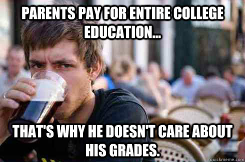 Parents pay for entire college education... That's why he doesn't care about his grades.  Lazy College Senior