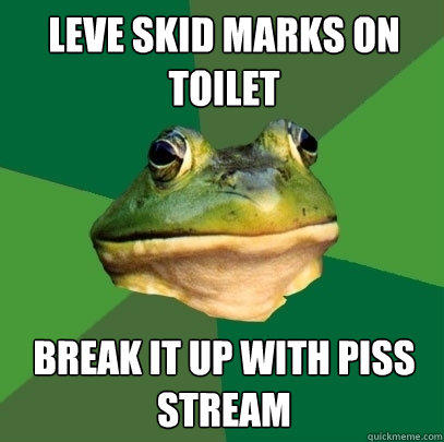 Leve skid marks on toilet Break it up with piss stream  Foul Bachelor Frog