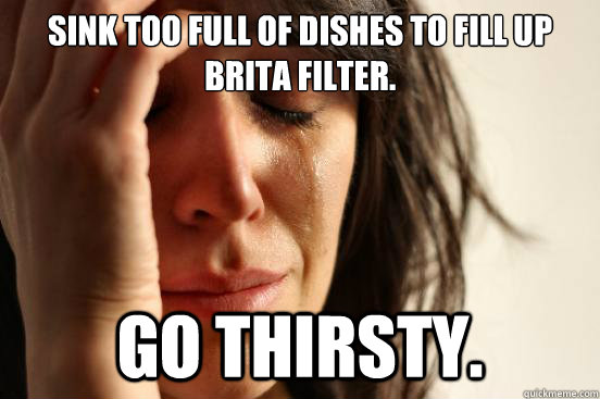 Sink too full of dishes to fill up Brita filter.  Go thirsty.  First World Problems