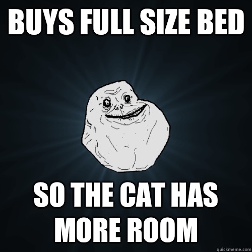 Buys full size bed  So the cat has more room  Forever Alone