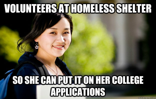Volunteers at homeless shelter So she can put it on her college applications  studious asian girl