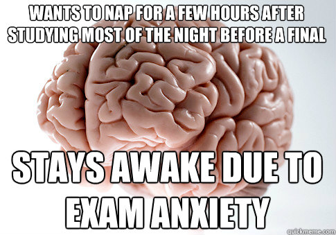 stays awake due to
exam anxiety wants to nap for a few hours after studying most of the night before a final  Scumbag Brain