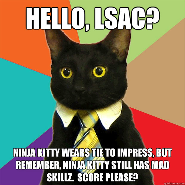 Hello, LSAC? Ninja Kitty wears tie to impress, but remember, Ninja Kitty still has mad skillz.  Score please? - Hello, LSAC? Ninja Kitty wears tie to impress, but remember, Ninja Kitty still has mad skillz.  Score please?  Business Cat