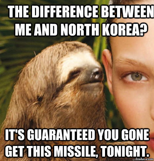 The difference between me and North Korea? It's guaranteed you gone get this missile, tonight.  rape sloth