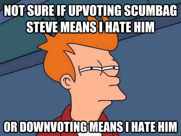 Not sure if upvoting scumbag steve means i hate him Or downvoting means i hate him  Futurama Fry