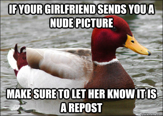 If your girlfriend sends you a nude picture Make sure to let her know it is a repost  Malicious Advice Mallard