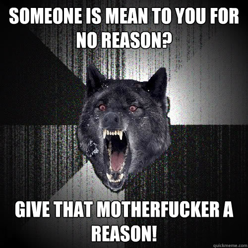 Someone is mean to you for no reason?   Give that motherfucker a reason!  insanitywolf