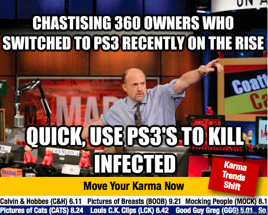 Chastising 360 owners who switched to PS3 recently on the rise  Quick, Use PS3's to kill infected  Mad Karma with Jim Cramer