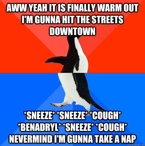 Aww yeah it is finally warm out I'm gunna hit the streets downtown *sneeze* *sneeze* *cough* *benadryl* *sneeze* *cough* nevermind I'm gunna take a nap  Socially Awesome Awkward Penguin
