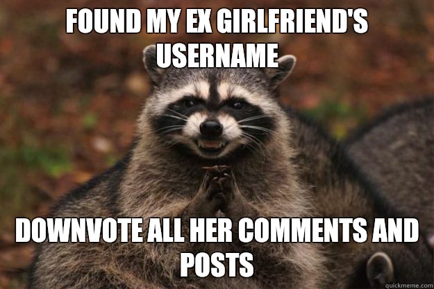 Found my ex girlfriend's username Downvote all her comments and posts  Evil Plotting Raccoon