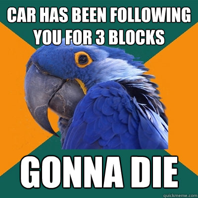 Car has been following you for 3 blocks Gonna die  Paranoid Parrot