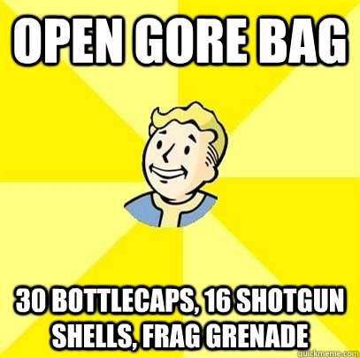 Open Gore Bag 30 Bottlecaps, 16 Shotgun shells, Frag Grenade  Fallout 3