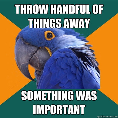 Throw handful of things away something was important  Paranoid Parrot