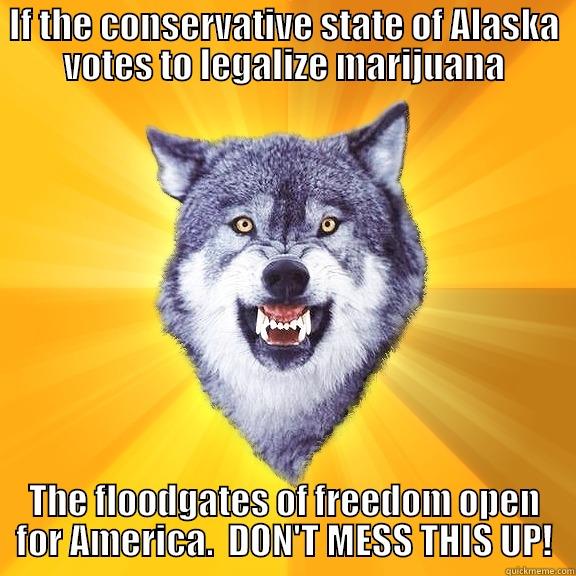 IF THE CONSERVATIVE STATE OF ALASKA VOTES TO LEGALIZE MARIJUANA THE FLOODGATES OF FREEDOM OPEN FOR AMERICA.  DON'T MESS THIS UP! Courage Wolf