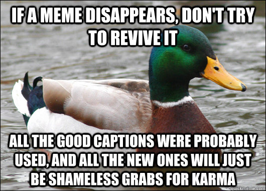 If a meme disappears, don't try to revive it All the good captions were probably used, and all the new ones will just be shameless grabs for karma  Actual Advice Mallard