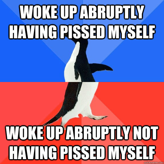 woke up abruptly having pissed myself woke up abruptly not having pissed myself  Socially Awkward Awesome Penguin