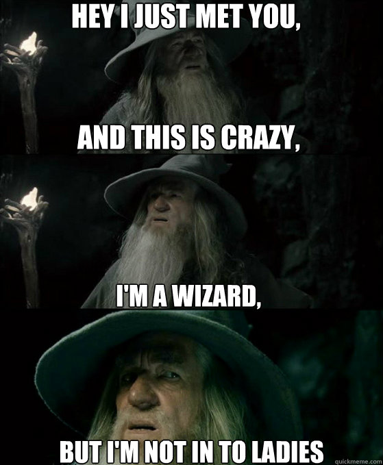 Hey I just met you, and this is crazy, I'm a wizard, But I'm not in to ladies  Confused Gandalf