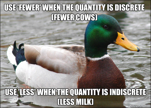 Use 'fewer' when the quantity is discrete
(Fewer cows) Use 'less' when the quantity is indiscrete
(less milk) - Use 'fewer' when the quantity is discrete
(Fewer cows) Use 'less' when the quantity is indiscrete
(less milk)  Actual Advice Mallard