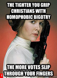 the tighter you grip christians with homophobic bigotry the more votes slip through your fingers - the tighter you grip christians with homophobic bigotry the more votes slip through your fingers  Scumbag Princess Leia