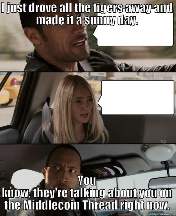 I JUST DROVE ALL THE TIGERS AWAY AND MADE IT A SUNNY DAY. YOU KNOW, THEY'RE TALKING ABOUT YOU ON THE MIDDLECOIN THREAD RIGHT NOW. The Rock Driving