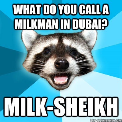 What do you call a milkman in Dubai? Milk-Sheikh   Lame Pun Raccoon