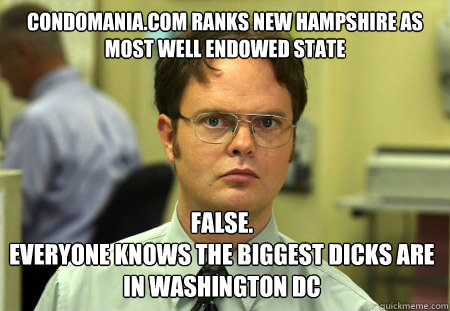 condomania.com ranks new hampshire as most well endowed state False.
Everyone knows the biggest dicks are in Washington DC - condomania.com ranks new hampshire as most well endowed state False.
Everyone knows the biggest dicks are in Washington DC  Dwight