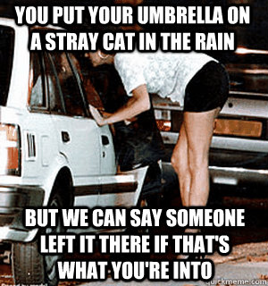 you put your umbrella on a stray cat in the rain but we can say someone left it there if that's what you're into  Karma Whore