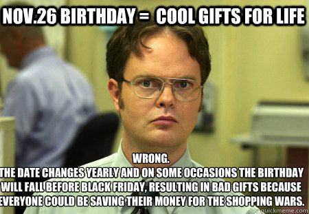 nov.26 birthday =  cool gifts for life Wrong.
The date changes yearly and on some occasions the birthday will fall before black friday, resulting in bad gifts because everyone could be saving their money for the shopping wars.  Schrute