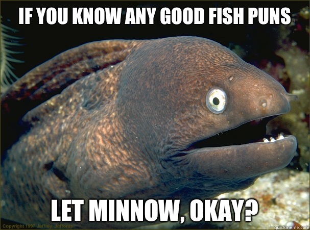 If you know any good fish puns let minnow, okay?  Bad Joke Eel