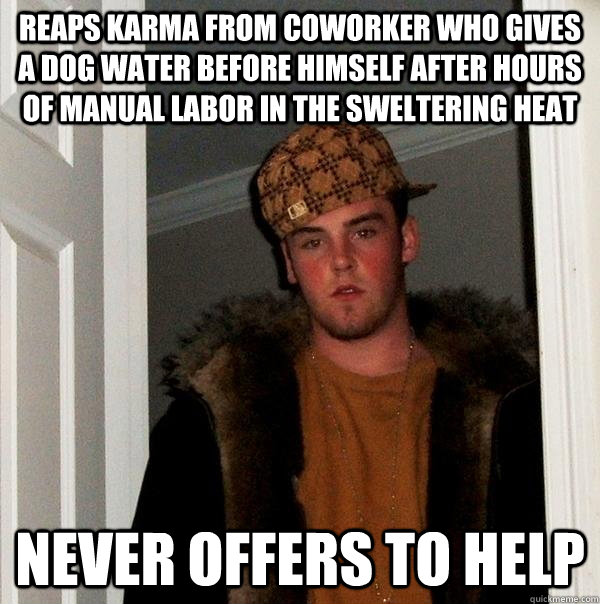 Reaps karma from coworker who gives a dog water before himself after hours of manual labor in the sweltering heat Never offers to help  Scumbag Steve