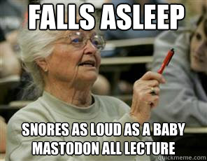 Falls asleep Snores as loud as a baby mastodon all lecture  Senior College Student