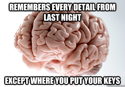 remembers every detail from last night except where you put your keys - remembers every detail from last night except where you put your keys  Scumbag Brain