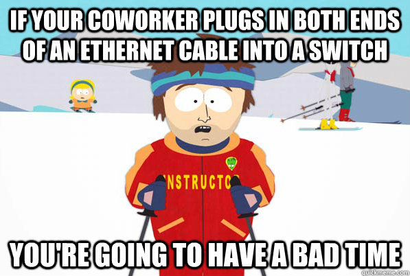 If your coworker plugs in both ends of an Ethernet cable into a switch You're going to have a bad time - If your coworker plugs in both ends of an Ethernet cable into a switch You're going to have a bad time  Bad Time Ski Instructor