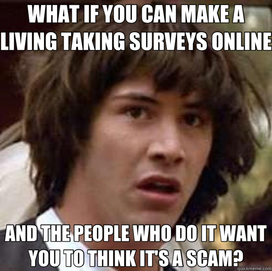 WHAT IF YOU CAN MAKE A LIVING TAKING SURVEYS ONLINE AND THE PEOPLE WHO DO IT WANT YOU TO THINK IT'S A SCAM? - WHAT IF YOU CAN MAKE A LIVING TAKING SURVEYS ONLINE AND THE PEOPLE WHO DO IT WANT YOU TO THINK IT'S A SCAM?  conspiracy keanu