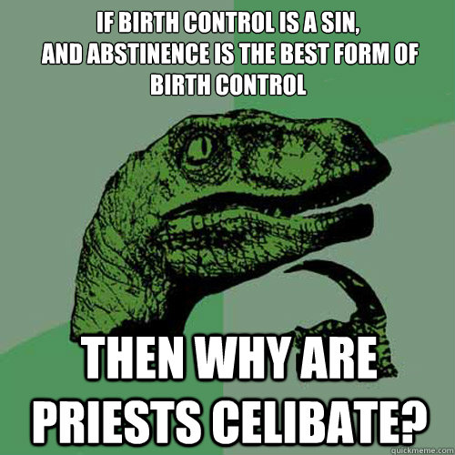 if birth control is a sin,
 and abstinence is the best form of birth control then why are priests celibate?  Philosoraptor