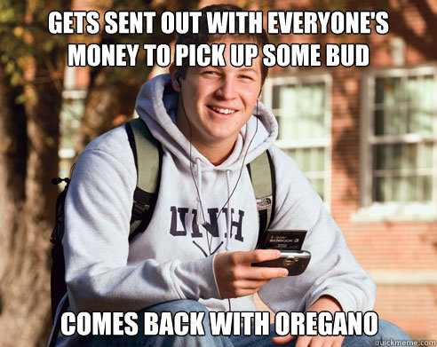 Gets sent out with everyone's money to pick up some bud Comes back with oregano  College Freshman